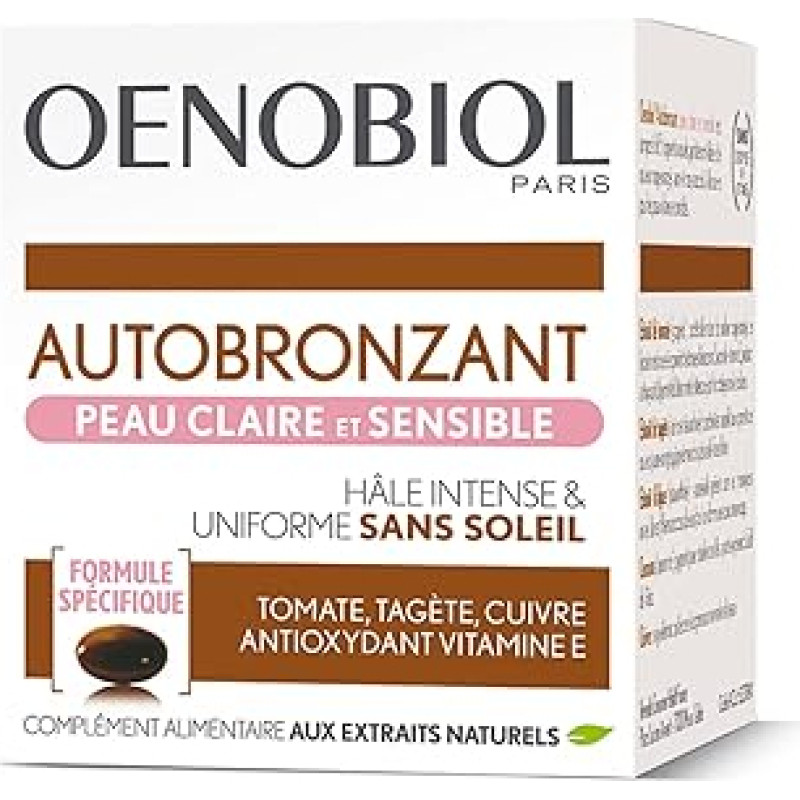 OENOBIOL - Maisto papildas - savaiminio įdegio priemonė - šviesiai ir jautriai odai - veidui ir kūnui - 1 mėnesio programa - 1 dėžutė su 30 kapsulių