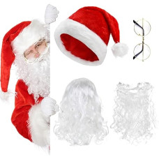 REFORUNG 4 in 1 Kalėdų Senelio barzda + Kalėdų Senelio perukas + Kalėdų Senelio kepurė + akiniai, Kalėdų Senelio barzda Baltas perukas Kalėdų Senelio perukas ir barzda Suaugusiųjų Kalėdų Senelio kostiumas