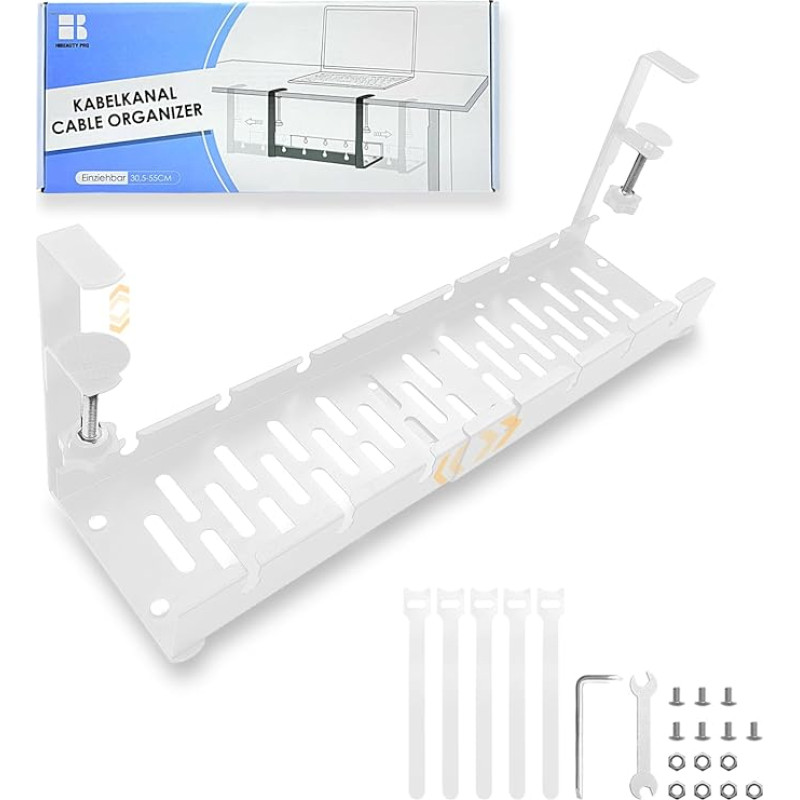 Cable Duct Desk, Retractable 30.5-55 cm Cable Management Desk, Cable Management Desk, No Drilling, Cable Basket, Clampable for Office and Home, with Cable Management Accessories (White, B)
