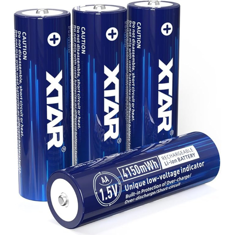 XTAR 4150mWh 1,5 V įkraunamos AA baterijos: Nuolatinis 1,5 V išėjimas ir žemos įtampos rodmuo (4 x 4150 mWh baterijos)
