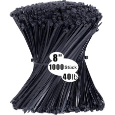 Pack of 1000 Cable Ties, Black, 200 mm x 3.6 mm Nylon Cable Ties, Long, UV-Resistant, 8 Inch Cable Ties Tensile Strength 18 kg, Self-Locking Zip Ties for Tidying Cables, Gardening