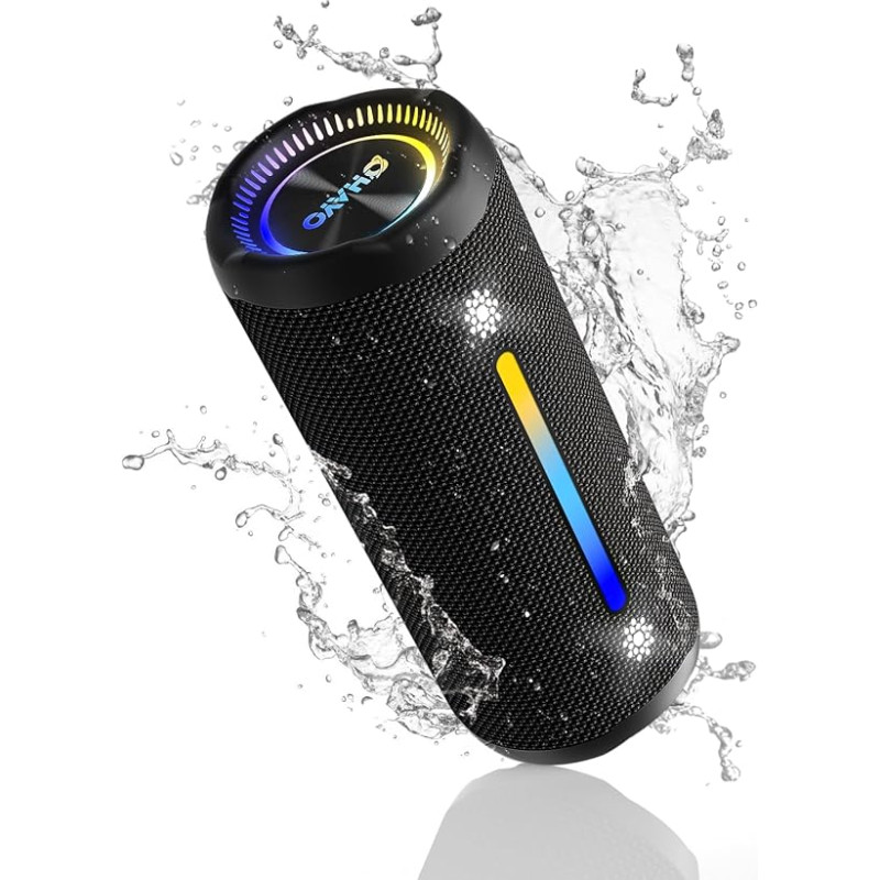 OHAYO Bluetooth Speaker with LED Light, 25 W Dual Drivers Bluetooth Box, Portable Music Box, 24H Battery, Bass Boost, IPX7 Waterproof, 6 RGB Modes, Outdoor Speaker for Hiking
