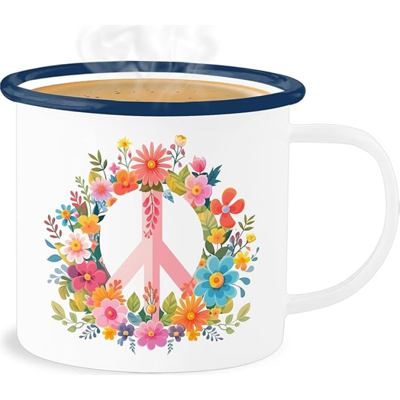 Enamel Tin Mug - Statement - Peace Sign I Peace Sign I Peace I Hippie Flower Power I 60s I 70s Flower Power - 300 ml - White Blue - Statements Happy New Year with