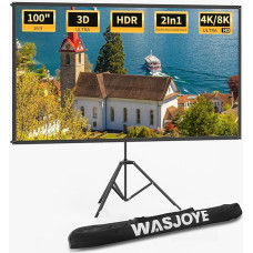 WASJOYE projektoriaus ekrano trikojis, 100 colių nešiojamasis projekcinis ekranas lauke, patalpoje, 1,2 Gain austas projektorius, 16:9 filmas, PVC ekranas su krepšiu kino nakčiai (pilkas ekranas)