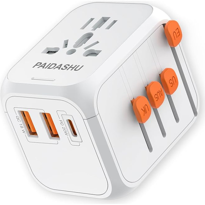 Travel Adapter Worldwide Universal Travel Plug with PD20W 2 USB 1 USB C and 1AC Socket International Socket Adapter Universal Adapter for Germany USA England Thailand Italy Australia