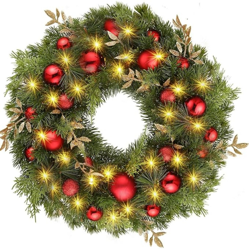 Kalėdinis vainikas, Kalėdinis durų vainikas, dirbtinis vainikas su kalėdinėmis puokštėmis, uogomis ir pušų spurgomis, advento vainikas, kalėdinė dekoracija, 40 cm skersmens, skirtas lauko durims, židiniui ir sienai