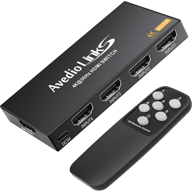 avedio links HDMI Switch 5 in 1 Out, HDMI Switch with Remote Control, 4K @ 30Hz HDMI Switch Automatic, HDMI Splitter 5 in 1 Out for TV Stick Xbox PS4 Blu-Ray DVD