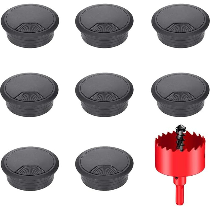 Pack of 8 Desk Cable Grommets, 80 mm Desk Cable Grommet, Desk Cable Hole Covers, Tidy Office and Home Workplace Cables, with 1 Hole Saw (Black, 80 mm)
