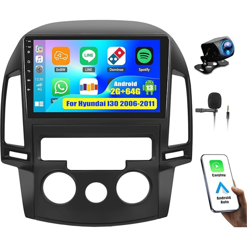 OiLiehu 2G + 64G Android 13 Carplay Android Car Radio 2DIN for Hyundai I30 2006-2011 Car Radio with Screen 9 Inch with Mirror Link/EQ/Bluetooth/SWC/FM RDS/WiFi/GPS/Rear View Camera