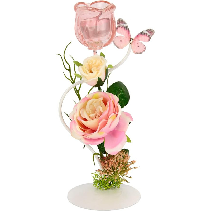 Tea Light Holder on Metal with Glass and Tea Light Candle with Flowers and Butterfly Candle Holder Candle Holder Table Decoration Tea Light Glass Lantern Romantic Decorative Object Wedding Decoration