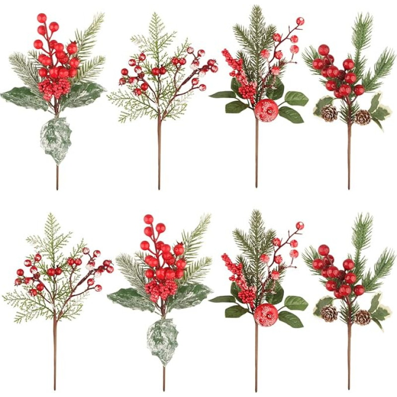 Pack of 8 Artificial Christmas Branches for Decoration, Red Berry Christmas Branches Pin Pine Branches Decoration with Pine Cones Pine Needle for Christmas Wreaths Home Vase Decor