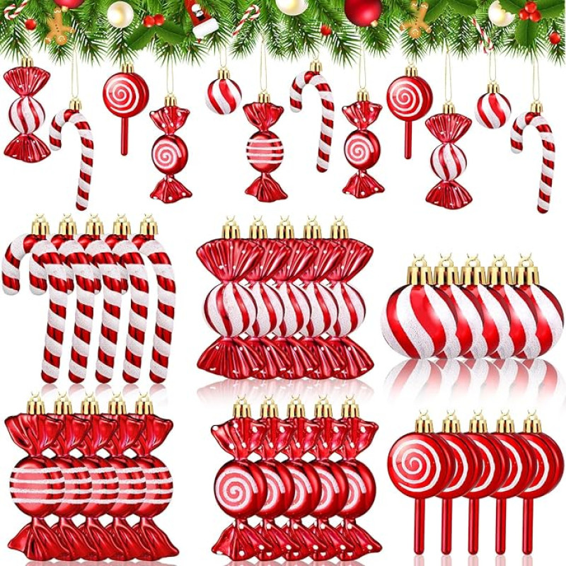 Liliful 30 vienetų Kalėdų saldainių ornamento rinkinys Plastikiniai pipirmėčių saldainiai Candy Cane Kalėdų dekoracijos Kalėdų saldainiai Lollipop ornamentas Xmas Hanging Lollipop modelio dekoracijos