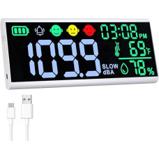 Decibel Meter, 13 Inch Sound Decibel Meter, Display of Time, Temperature, Humidity, Wall Mounted and Desktop Sound Level Meter with Buzzer Alarm Symbols, Noise Meter for