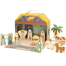 Wooden Nativity Scene for Children, 15 Pieces, Double-Sided Printing, Birth Christmas, Nativity Scene, Holy Kings, for Children Aged 3 and Above Christmas Decoration (47392)