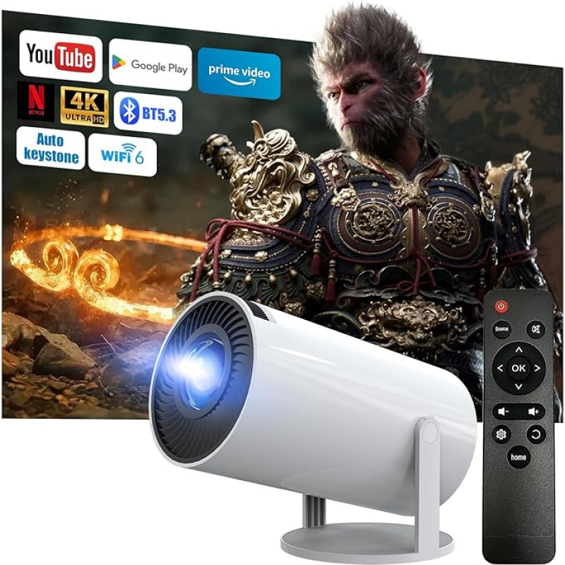 Mini projektorius 4K palaikomas, 2025 Android 13 Nešiojamas projektorius 200ANSI 8000 liumenų WiFi 5G Bluetooth 5.3, 200 colių, tinkamas telefonui/PC/HDMI/USB/televizoriui