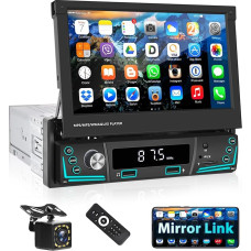 Podofo Car Radio 1 DIN with Bluetooth Hands-Free Kit, 7 Inch Screen Flip Out Car Stereo Radio with FM Radio/SWC/Mirror Link/USB + Reversing Camera