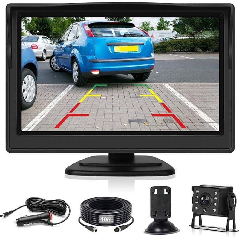 Inefala 5 Inch Reversing Camera with IPS Screen Monitor, AHD Camera Night Vision Waterproof IP68 Backup 12 V Wireless Reversing Camera for Car