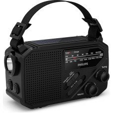 Philips TAR1609 FM/AM-Kofferradio mit internem aufladbarem Akku, AAA-Batterie und Kurbel für Reservestrom, Solarzelle, integrierte LED-Leuchte und Taschenlampe zum Zelten, Wandern und bei Stromausfall