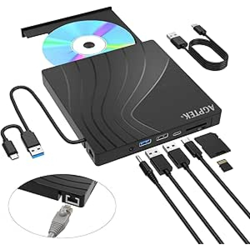 AGPTEK External DVD Drive, USB 3.0 Slim CD DVD Burner with Ethernet Adapter, USB Ports and TF/SD Card Slots, CD/DVD Reader/Writer for Laptop PC, MacBook, Windows, Linux, Mac OS
