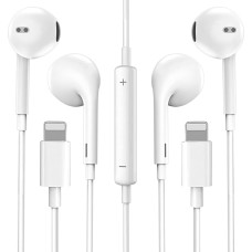 2 pakuotės ausinės iPhone, ausinės į ausis, laidinės ausinės su Lightning jungtimi, stereofoninio garso ausinės su integruotu mikrofonu ir garsumo valdymu, suderinamos su iPhone