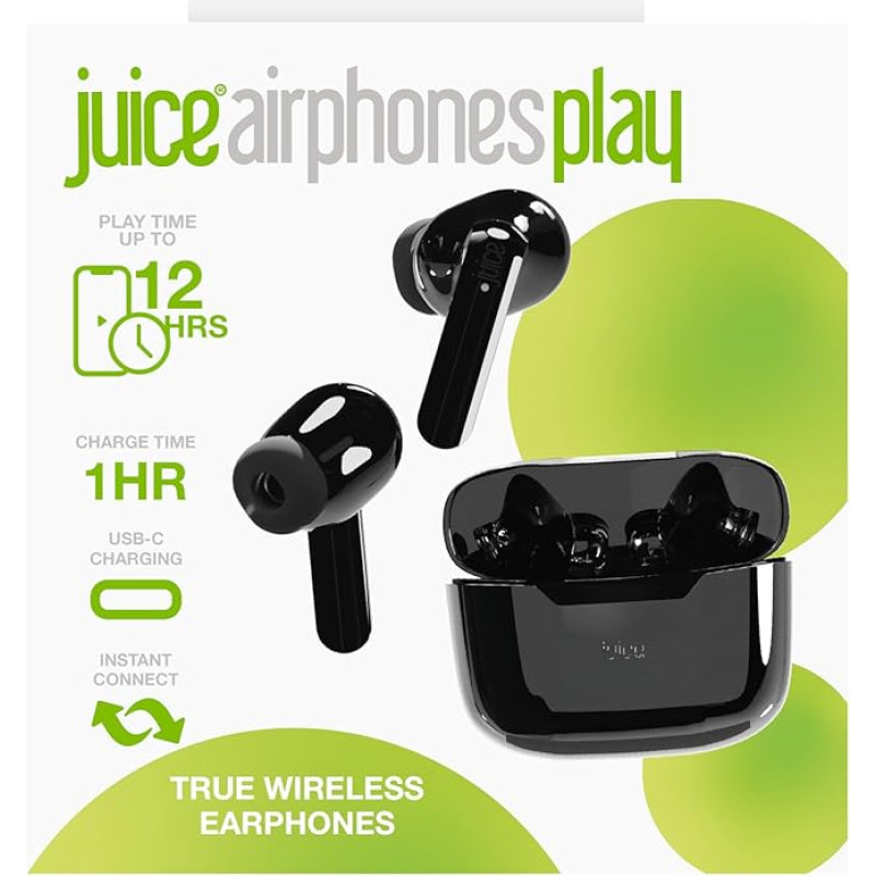 Juice Airphones Play Wireless Earbuds - Bluetooth, 14 Hours Total Playtime, 1 Hour Charging Time, 1 Hour Charging Time, Lightweight Design (Black)