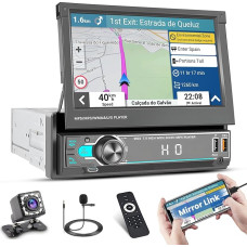 Hikity Car Radio 1 DIN with Electric Extendable Screen, 7 Inch Touch Screen Car Stereo Bluetooth 1 DIN with 2 USB Type-C AUX FM Radio SWC + Reversing Camera + Microphone