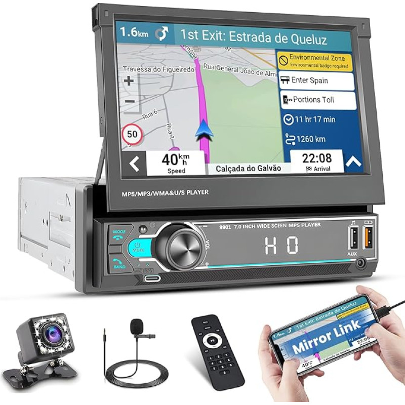 Hikity Car Radio 1 DIN with Electric Extendable Screen, 7 Inch Touch Screen Car Stereo Bluetooth 1 DIN with 2 USB Type-C AUX FM Radio SWC + Reversing Camera + Microphone