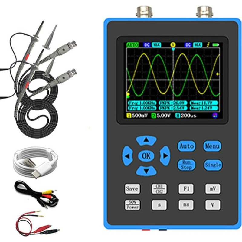 DSO2512G Digitales Oszilloskop, 120 MHz, Dual-Channel FPGA-Chip mit 500 MS/s Abtastung, 2,5 V Wellenformgenerator (Sine/Quadrat/Dreieck), 14 Messparameter, USB-Datenexport, 128K Speichertiefe