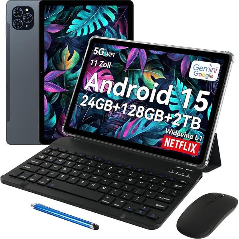 T90 Android 15 Tablet with Keyboard - Gemini AI, 24GB RAM + 128GB ROM, Octa Core T615, Gaming Tablet 11 Inch, 1920x1200 FHD + IPS, 8000mAh Battery, 13MP + 5MP AI Camera, 5G WiFi, Widevine L1