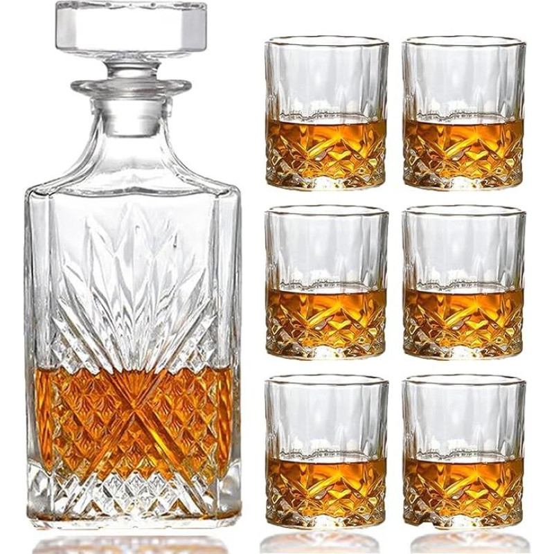 Joric viskio dekanteris, 7 dalių krištolo viskio šlagerių ir stiklinių rinkinys, krištolo šlagerių rinkinys su 6 viskio stiklinėmis, vyriškas viskio šlagerių rinkinys