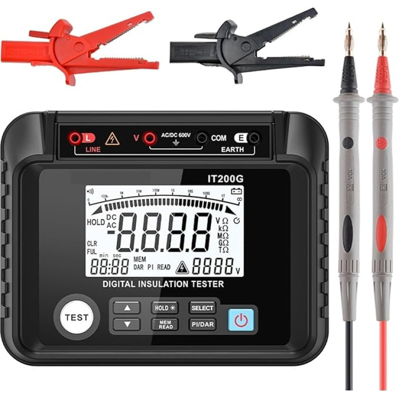 Erdungstester, Isolationswiderstandstester Digitales Megometer AC DC Spannung 600V Innenwiderstandsmesser Bodendatenspeicherung Auto Range,Bequem und praktisch
