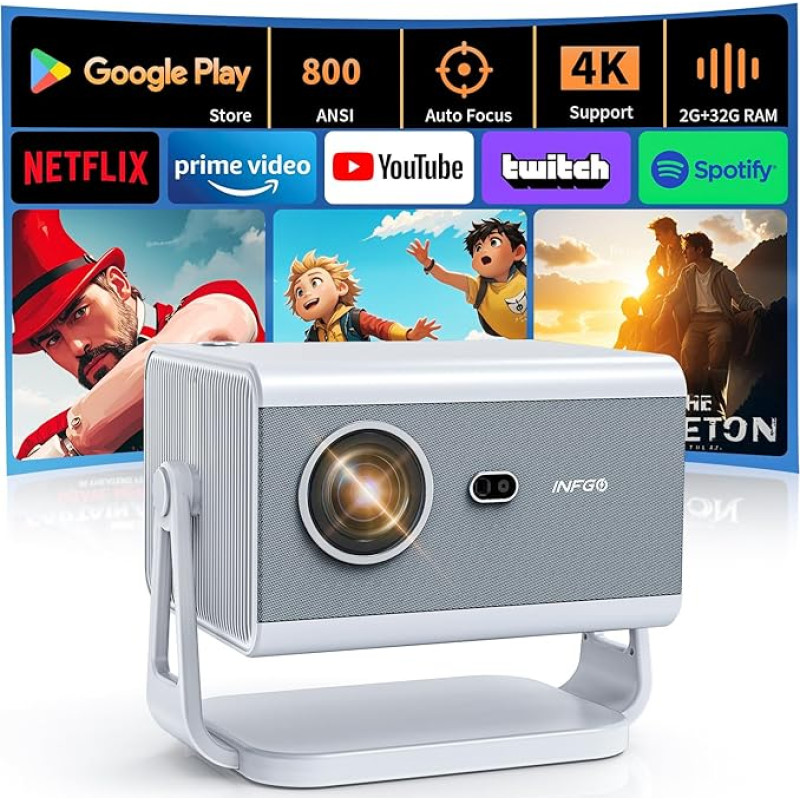 Smart Projector, 28000 Lumens Home Cinema Projector 4K Supports 1080P Projector Full HD WIFI6 Bluetooth 5.4 for Mobile Phone Laptop, White