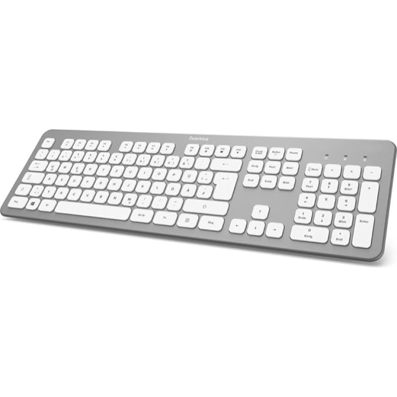Hama Wireless Keyboard KW-700 (Quiet Keyboard, German Key Layout QWERTZ with Number Keypad for PC and Laptop, Flat Keyboard with 12 Media Keys, Laser-Labeled Wireless Keyboard) Silver, White