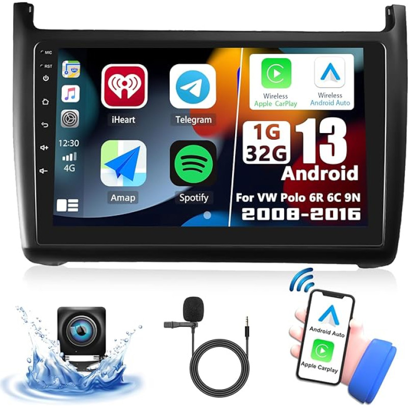 OiLiehu 1G + 32G dvigubo DIN radijo stotelė Carplay Android automobilis Android 13 Bluetooth automobilinis radijas su 9 colių ekranu VW Polo 6R 6C 9N 2008-2016 palaikymas HiFi/Equalizer/FM RDS/WiFi/GPS