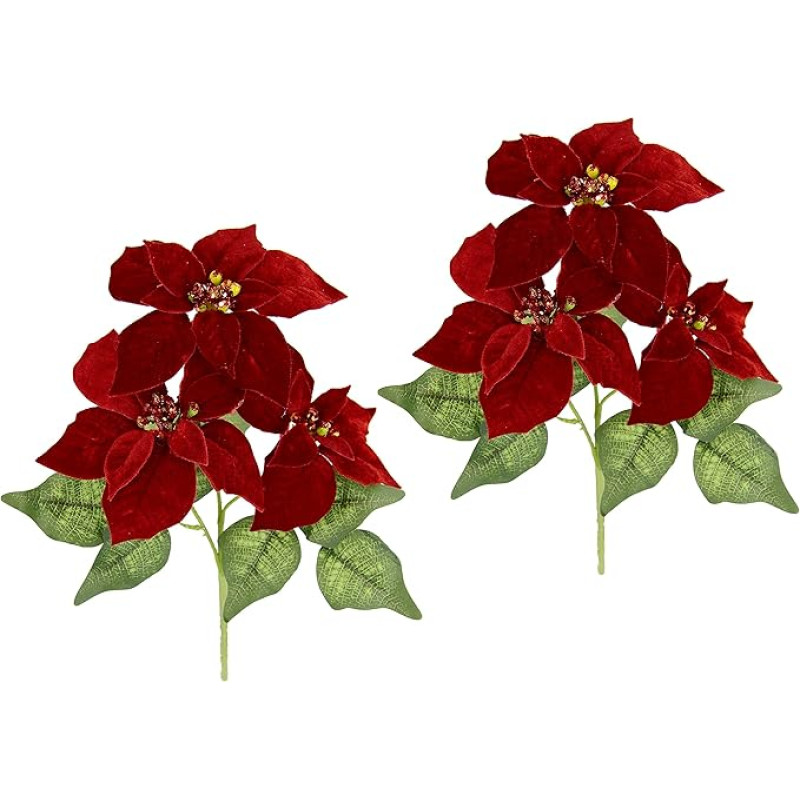 Dirbtinė puansetija gėlė, pagaminta iš aksomo su 3 gėlėmis Dirbtinė gėlė puansetija Kalėdos Vienintelė gėlių šaka Kalėdų dekoracijos Kalėdų gėlė X'mas puokštė Dovanų dekoracijos Advento žvaigždė