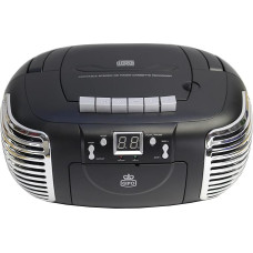 GPO PCD299 Tragbare Retro Boombox mit CD-Player, Radio und Kassettenrekorder Netz- & Batteriebetrieb, Schwarz/Silber