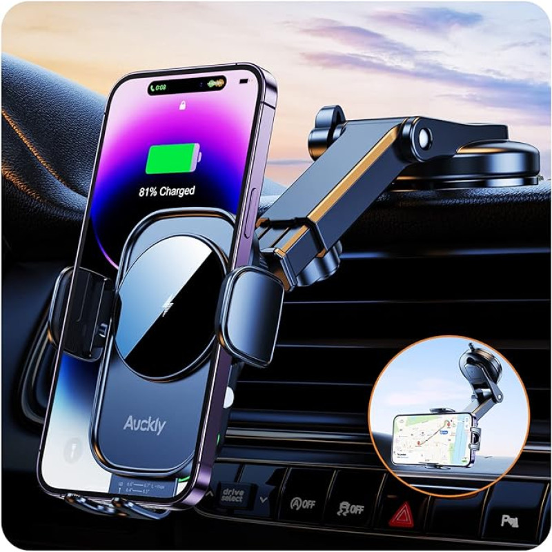 Auckly Mobile Phone Holder Car with Charging Function, Smart Sense: Qi 15W Fast Wireless Charger Car Inductive Charging Induction Car Charger for iPhone 12 13 14 15 16 Pro Max Mini Plus (Black)