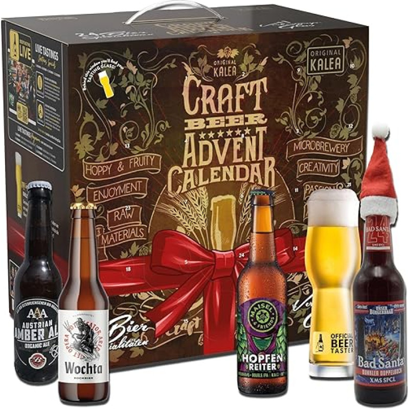 Kalea | Bier-Adventskalender | Edition Craft-Beer | Bestückung 2024 | 24 x 0,33l Craft Beer | inkl. Verkostungsglas | Biergeschenk zur Vorweihnachtszeit