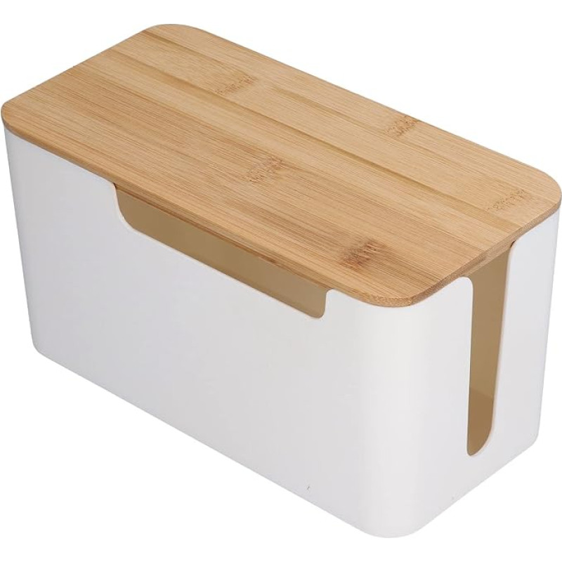 Cable Management Box with Wooden Lid, 23 x 12 x 11.7 cm, White Plastic Cable Box, Desk Cable Organiser, Small Cable Box for Hiding, TV, Computer, Router, Cable Sockets