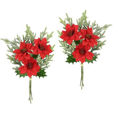 Artificial Poinsettia Flower, 3 Flowers, Fir Branches, Set of 2, 37 cm, Artificial Flowers, Poinsettia Christmas Branch, Christmas Decoration, Christmas Flower, X'Mas Bouquet, Gift Decoration, Advent