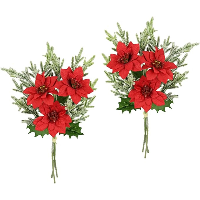 Artificial Poinsettia Flower, 3 Flowers, Fir Branches, Set of 2, 37 cm, Artificial Flowers, Poinsettia Christmas Branch, Christmas Decoration, Christmas Flower, X'Mas Bouquet, Gift Decoration, Advent