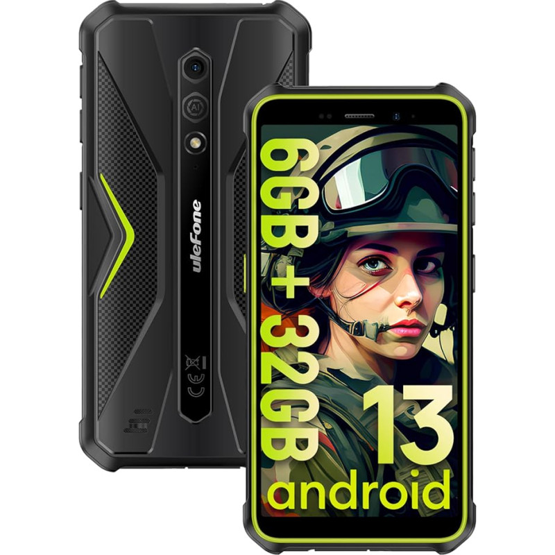 Ulefone Armor X12 Outdoor Smartphone, 6GB + 32GB/256GB SD Mobile Phone Without Contract, Android 13 4860mAh Robust Mobile Phone, 13MP + 8MP Octa Core, 5.45 Inch HD+ IP69K Waterproof, 4G Dual SIM/Face