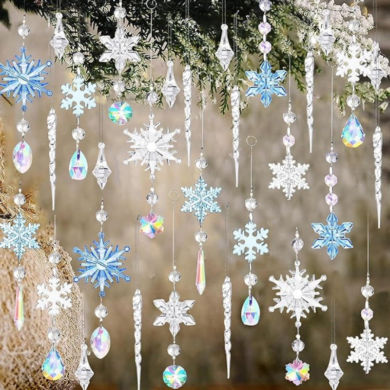 Pack of 32 Acrylic Icicle Snowflake Ice Drop Pendants, Christmas Tree Crystal Decorations, Christmas Tree, Christmas Tree Decoration, Crystal Snowflake for Christmas Tree Party