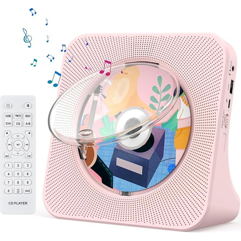 Gueray Portable CD Player with Bluetooth Desktop CD Player for Home Built-in Double HiFi Speakers AUX Headphone Jack FM Radio Boombox with Remote Control USB Port LCD Display (Pink)