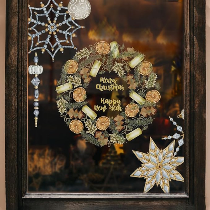 Neukids Window pictures Christmas wreaths, golden snowflakes decoration, window sticker, Christmas decoration window, Christmas window pictures, winter window glass, mirror, Christmas decorations