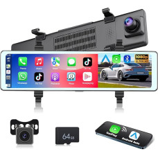 Podofo Wireless Apple Carplay Android Car Mirror Dash Cam with HD Rear View Camera, 11.26 Inch IPS Touchscreen Dual 1080P Rear View Mirror Dashcam Dash Cam Car, 2 Split Screens, Bluetooth