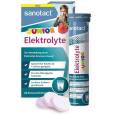 sanotact Electrolytes Junior (16 šnypščiančių tablečių), elektrolitai vaikams nuo viduriavimo, karščio, kelionių, skysčių balansui palaikyti, braškių skonio