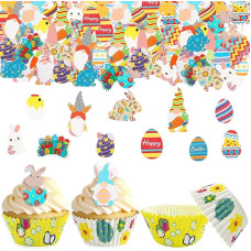 Pack of 60 Easter Edible Cake Decorations, with 50 Easter Muffin Cases Paper, Easter Edible Cake Decoration, Easter Bunny Edible Cake Decoration, Easter Decoration Cake Edible, for Decorating Cakes
