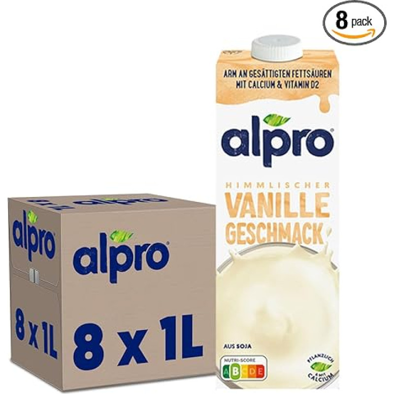 Alpro Vanilla Flavoured Soy Based Drink - Vegan and Dairy Free - Naturally Lactose Free - Rich in Vegetable Protein and Naturally Low Fat - 8 x 1 Litre - Durable