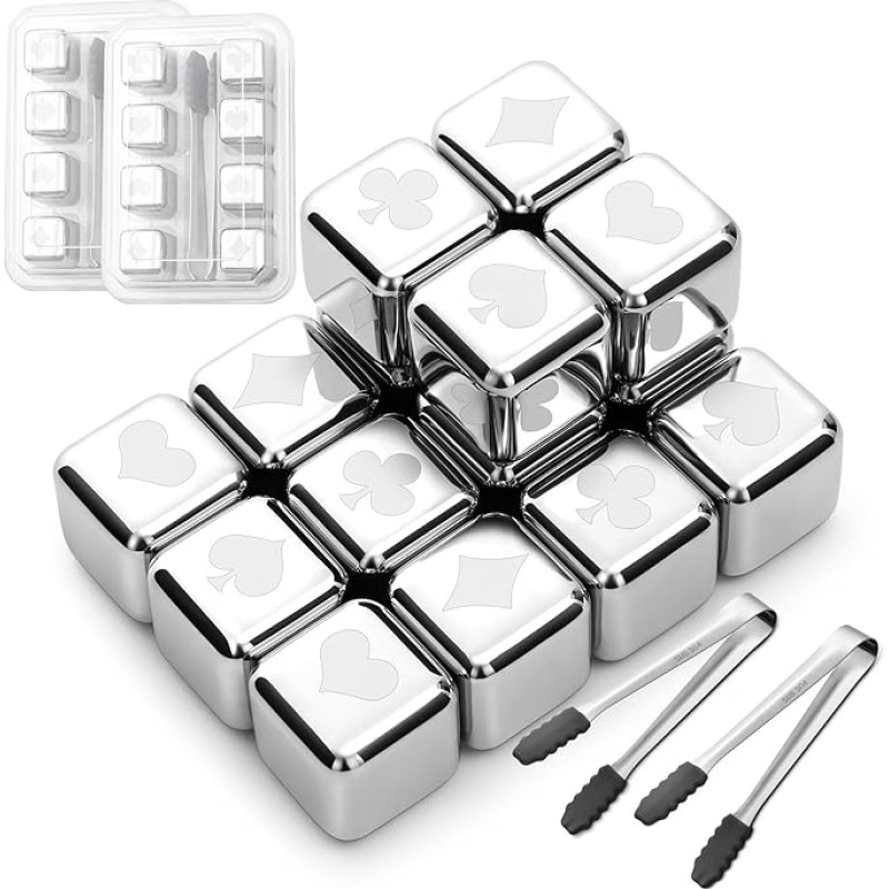 16 Stück Edelstahl Eiswürfel - Wiederverwendbare Eiswürfel - Rostbeständiger Metallstein zum Kühlen von Wein, Whiskey, Cola und Saft usw - ohne zu Verdünnen - 2,7x2,7x2,7 cm, Pokerstil